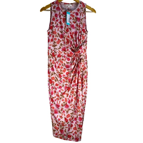 nine britton Dresses & Skirts - Nine Britton Pink Floral Sleeveless Twist Front Midi Dress MP NWT Stretch Wrap